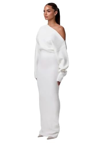 Soft Knit Sweater Dress, Women's Winter Off Shoulder Bodycon Sweater Dress, Women's Sexy Elegant Off Shoulder Sweater Dress (US, Alpha, X-Small, Regular, Regular, White) | Amazon (US)