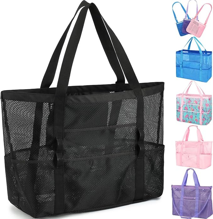 Fammart Mesh Beach Bag for Women, Large Beach Toy Pool Bag with Zipper Pocket, SandProof Cruise E... | Amazon (US)