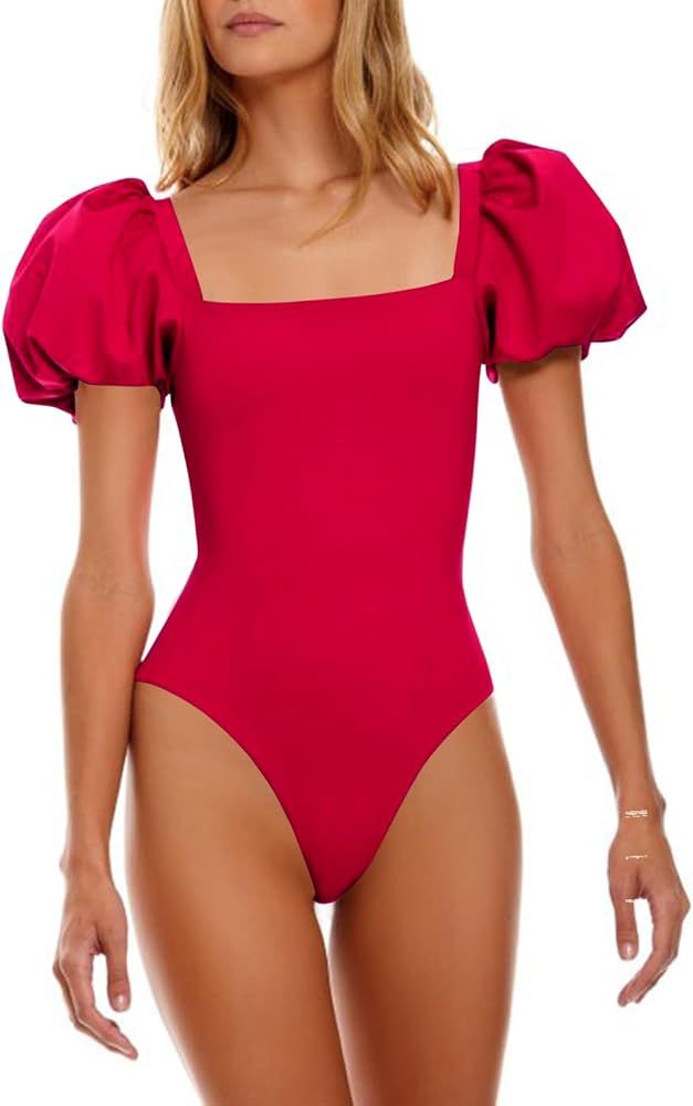 Saodimallsu Womens One Piece Swimsuit Short Puff Sleeve Square Neck Sexy Backless Tummy Control B... | Amazon (US)