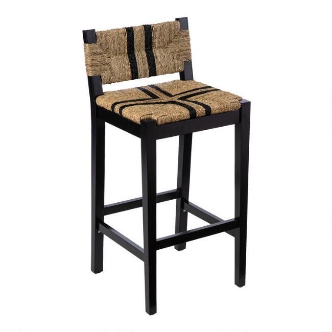 Black Pine Wood and Seagrass Fenner Barstools Set of 2 | World Market
