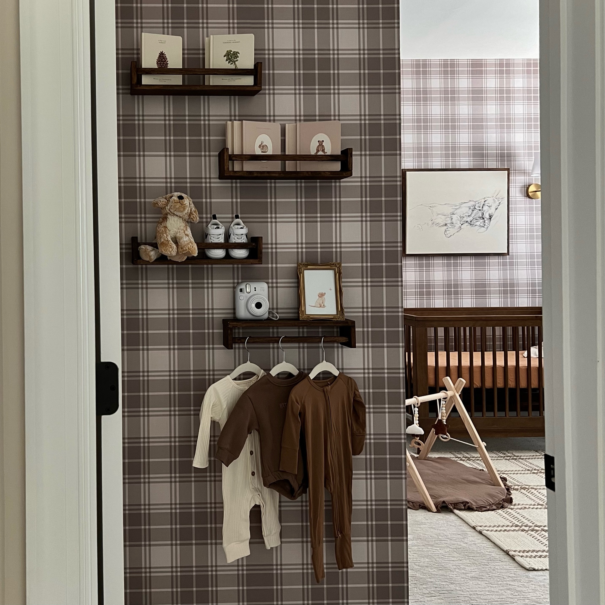Plaid nursery wallpaper, gender neutral nursery, baby boy room, boy nursery, neutral kid room, brown nursery, golden retriever decor, walnut crib, gold sconces, nursery bookshelves, boy nursery decor, neutral nursery decorr

#LTKbaby #LTKhome #LTKbump