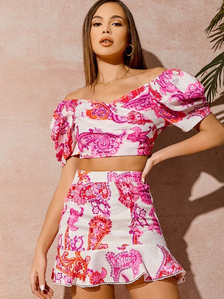SHEIN Off Shoulder Jacquard Top & Ruffle Hem Skirt Set | SHEIN