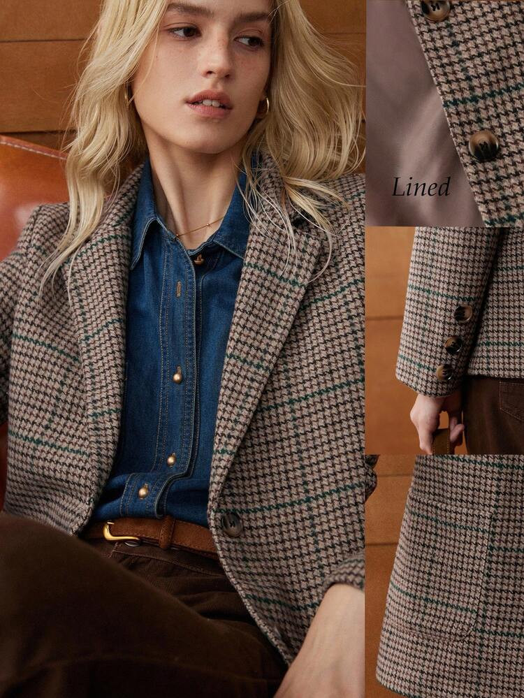 Écloséra French Retro Casual Commuting Versatile Fit Version Retro Plaid Fabric Autumn And Winter Khaki Women's Suit Coats Women's Casual Jacket Women's Casual Business Suit Coats Autumn Women's Casual Clothing Autumn Business Casual Women's Clothing Winter Coats Fall Clothes For Women | SHEIN
