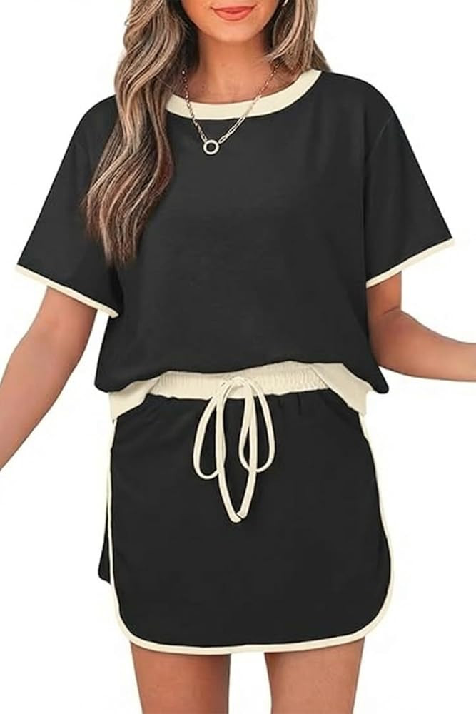 Womens 2 Piece Skort Set 2026 Color Block Short Sleeve Top Drawstring Skort Matching Sets Casual ... | Amazon (US)