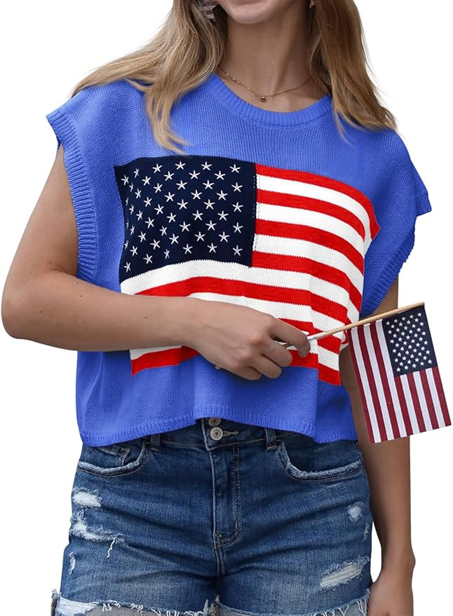 Womens American Flag Sweater Cap Sleeve Summer Crop Tops Crew Neck Loose Fit Knit Sweater Pullove... | Amazon (US)