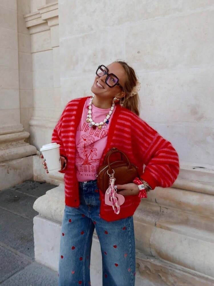 Women Striped Long Sleeve Cardigan, Casual Chic Buttoned Dropped Shoulder Sweater, Suitable For Autumn And Winter | SHEIN