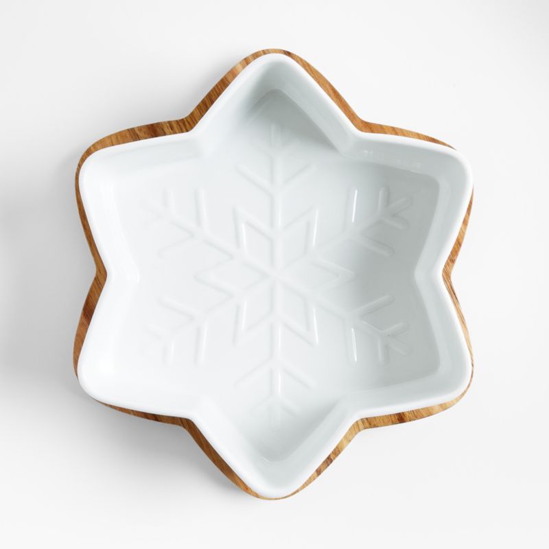 Snowflake Oven-to-Table Casserole Dish with Wood Trivet | Crate and Barrel | Crate & Barrel