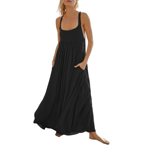 Generic Women's Summer Sleeveless Dress Pleated Casual Maxi Dresses with Pockets Black, Small | Amazon (US)