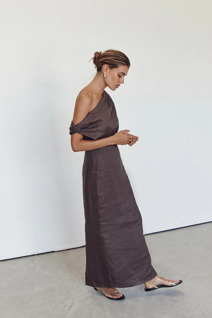 CASS CHOC LINEN ASYM MIDI DRESS | DISSH