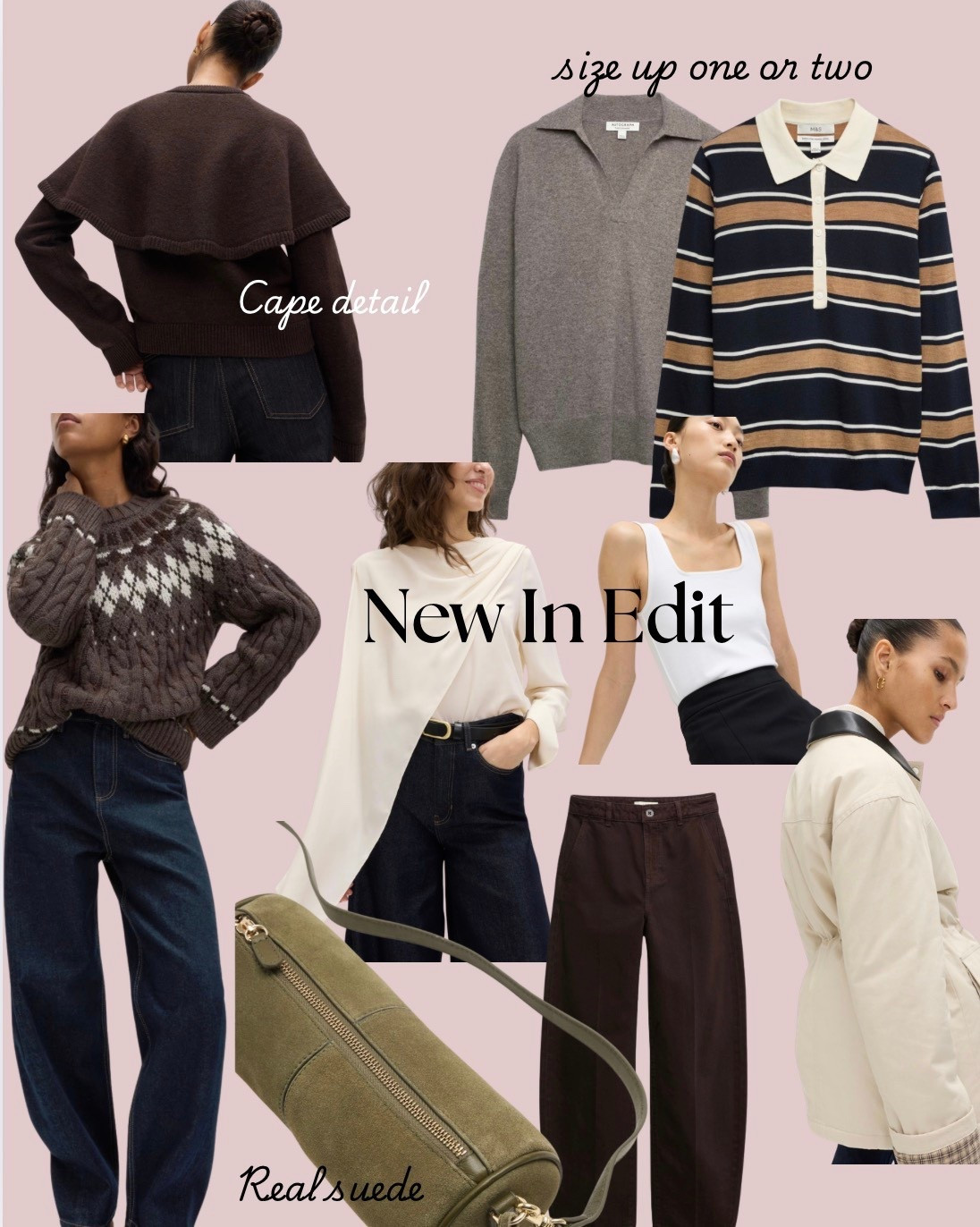 My pics from new in. Knitwear, barrel leg, beautiful suede bag, cape detail cardigan and cinched waist casual jacket. 
I would size up in the two jumpers. 

#LTKwinter #LTKuk #LTKstyletip