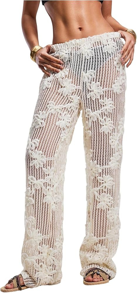 GORGLITTER Women's Flower Crochet Swimsuit Coverup Pants Summer Beach Vacation Low Waisted Knit S... | Amazon (US)