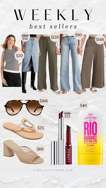 Weekly best sellers, ray ban sunglasses, lululemon pants, sandals, denim skirt 