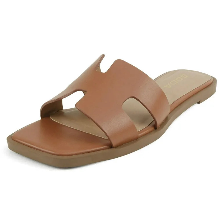 Soda Shoes Women Slip-On Cushioned Sandals H-Band Flat Flip-Flops Slides Square Toe KNIT-S Brown Cognac Tan 7.5 | Walmart (US)