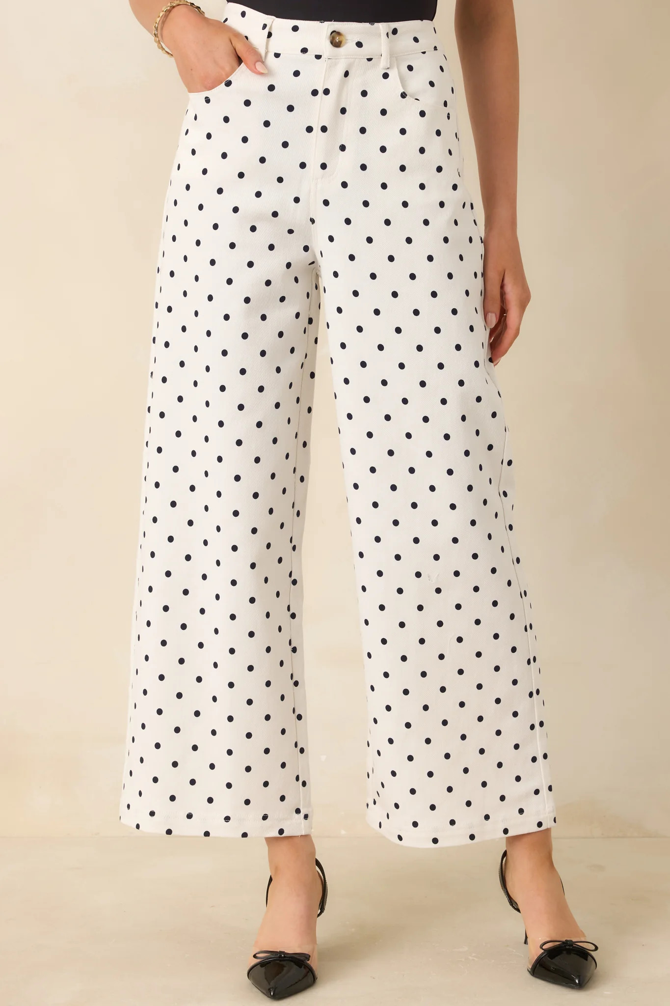 Feeling Spot On Ivory & Black Polka Dot Cotton Pants | Red Dress