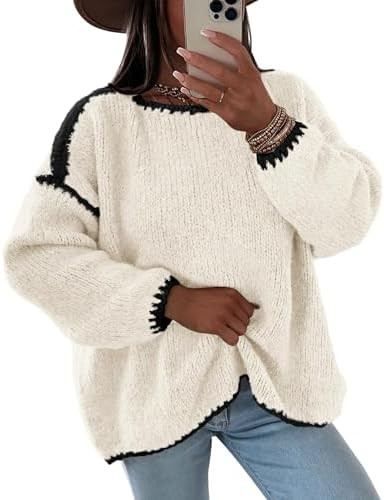KIRUNDO Womens Sweaters 2025 Fall Oversized Long Sleeve Chunky Knit Crew Neck Contrast Stitching ... | Amazon (US)