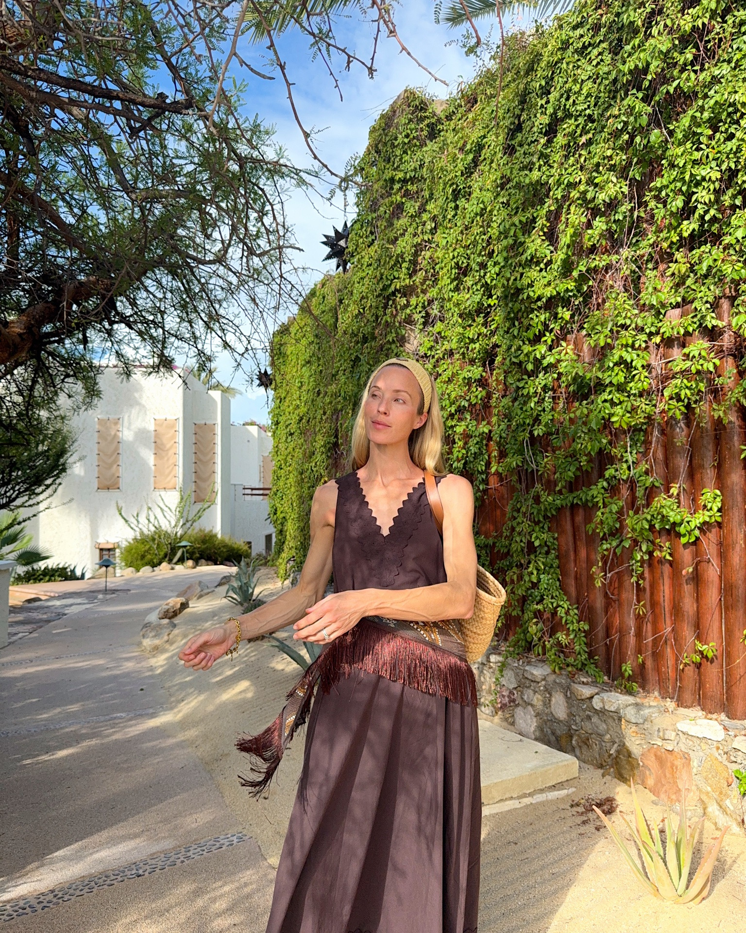 Babymoon casual day look ✨ Size 2/S @DISSH dress, Zara scarf (they have similar fringe options), sandals TTS, Loewe bag old—similar linked!

Mexico outfit, Cabo outfit, babymoon outfit