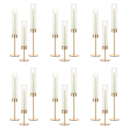 NUPTIO Hurricane Glass Candles Holder: 18 Pcs Gold Taper Candle Stick Holder Bulk - Modern Candlestick Holders with Tall Ribbed Chimney Sleeve for Wedding Party Centerpiece Decor | Amazon (UK)