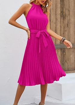 KIRUNDO Women's 2024 Summer Sleeveless Halter Neck Pleated Midi Cocktail Dresses A Line Flowy Bea... | Amazon (US)