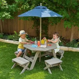 Octagon Table, Stools & Umbrella Set - Barnwood Gray & Navy | KidKraft