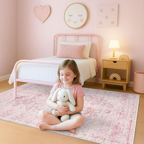 KUTA Nursery Rug for Baby Girl Kid, Pink 5x7 Washable Area Rug for Dorm Living Room Soft Non-Slip Cute Floral Faux Carpet for Dining Room Playroom | Amazon (US)