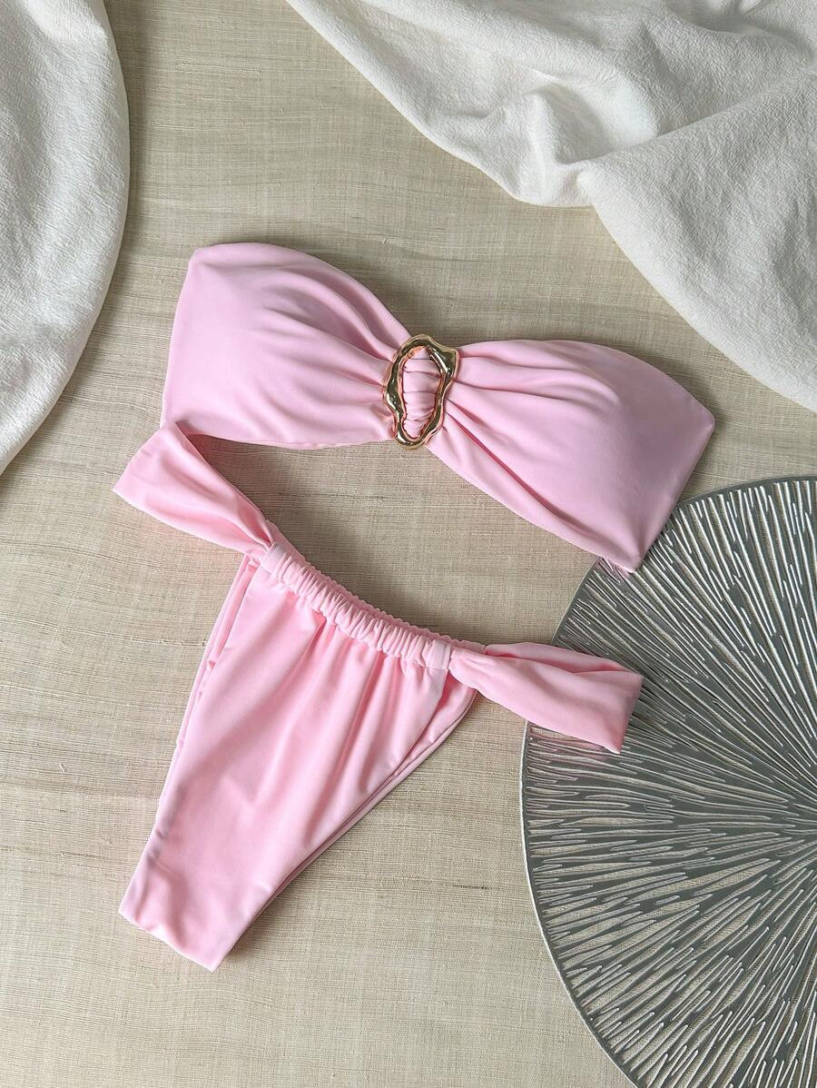 Swim Chiccia Women Beach Summer Outfits - Solid Color Bandeau Metallic Decor And Thong Bikini Set... | SHEIN