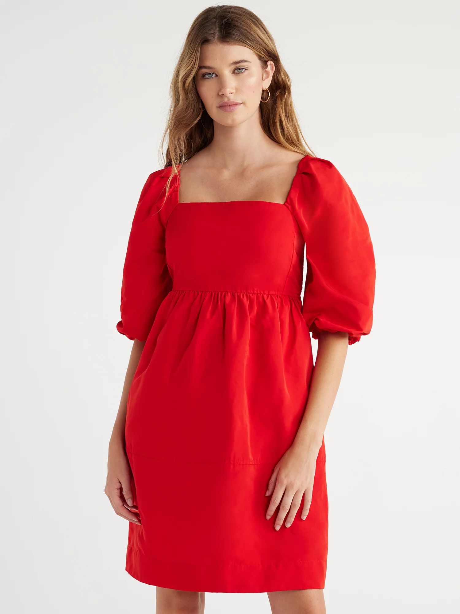 Free Assembly Women's Square-Neck Mini Dress with ¾ Sleeves, Sizes XS-XXXL | Walmart (US)