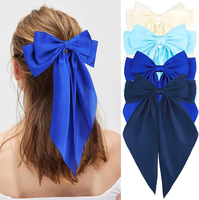 Blue Hair Bows Silky Satin Bows for Hair Ribbons 4Pcs Coquette Oversized Long Tail Hair Bow Clips... | Amazon (US)