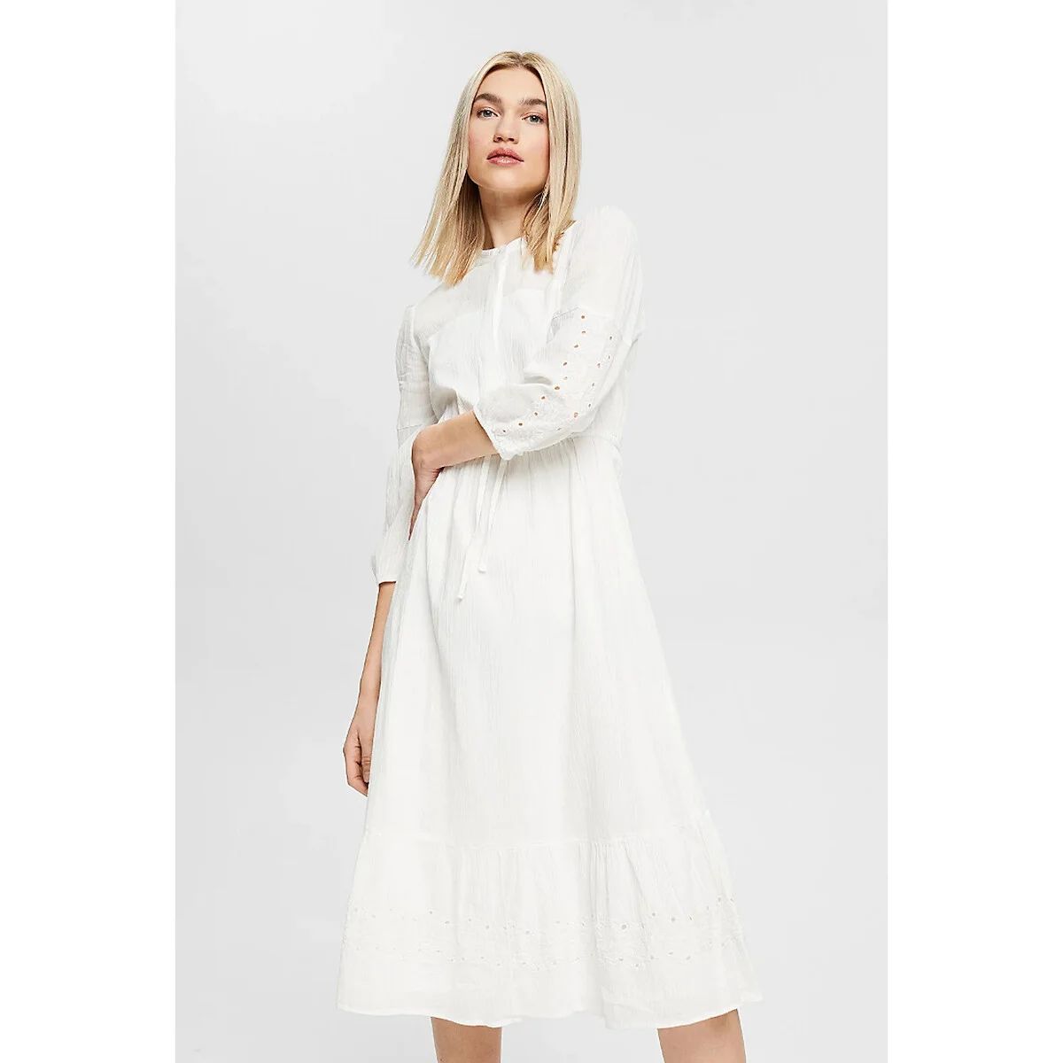 Lace Knee-Length Dress in Cotton with High Neck | La Redoute (UK)