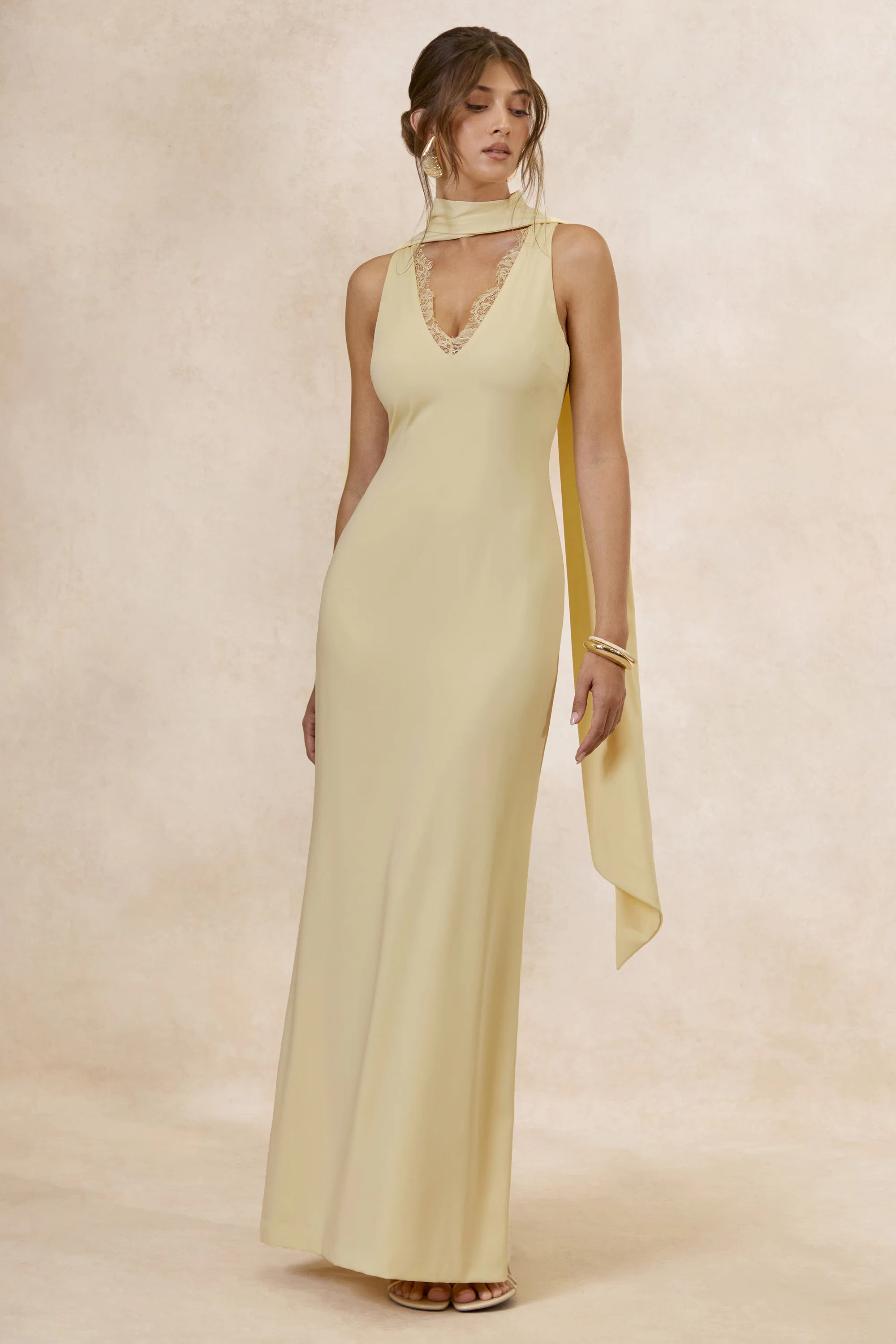 True Icon | Lemon Satin High-Neck Maxi Slip Dress With Sash | Club L London