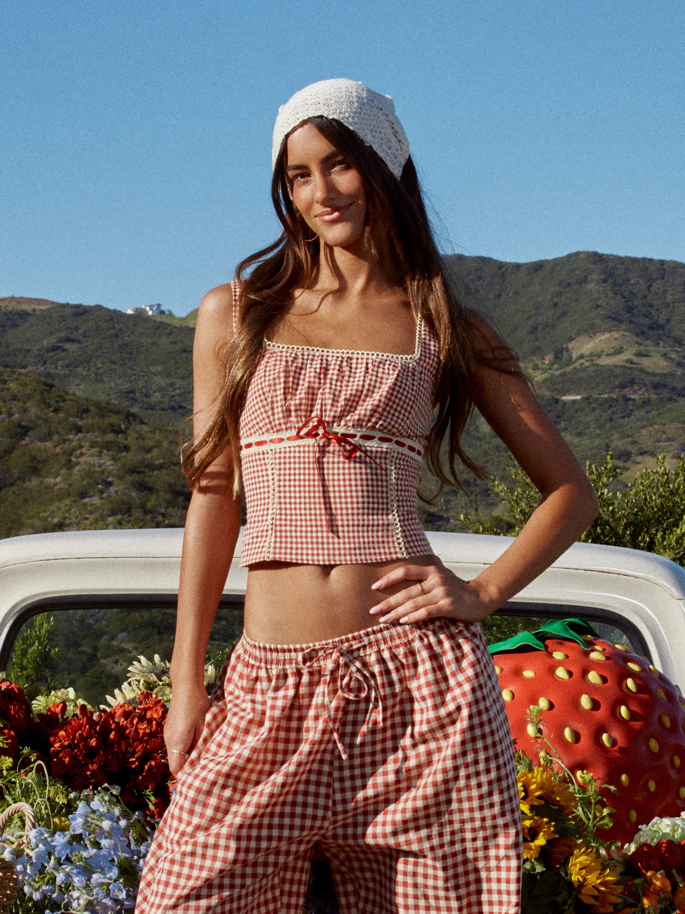 Woven Gingham Square Neck Ruched Corset Tank Top For Daily Casual Picnic | Cider