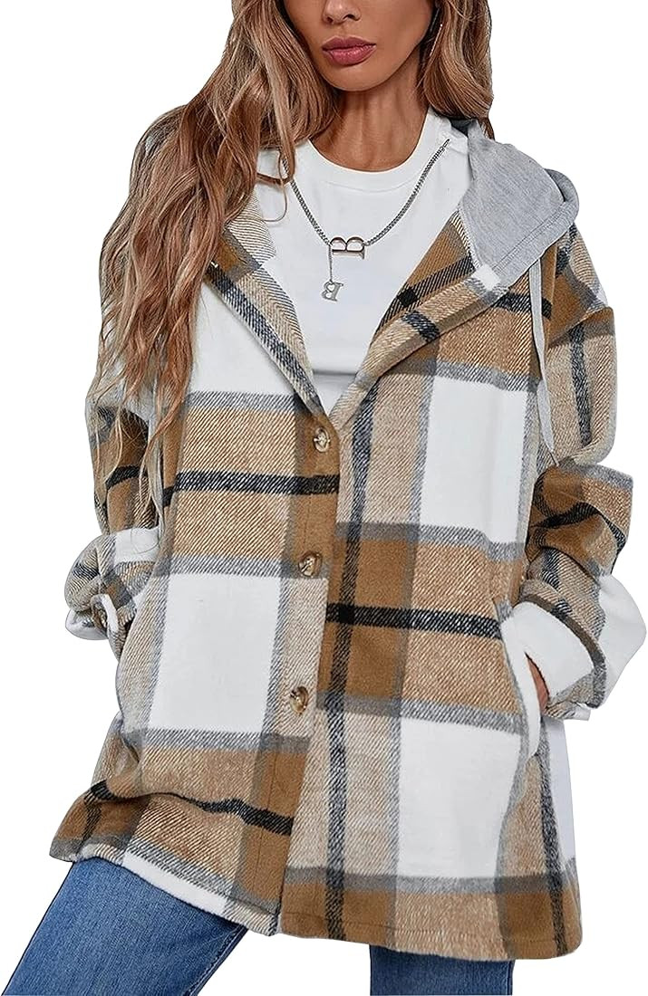 Lumister Women's Oversized Flannel Plaid Button Down Shirts Long Sleeve Hoodie Casual Jacket Coat | Amazon (US)