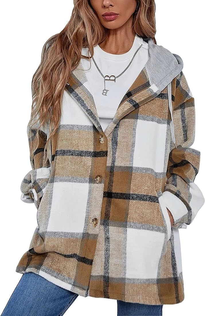 Lumister Women's Oversized Flannel Plaid Button Down Shirts Long Sleeve Hoodie Casual Jacket Coat | Amazon (US)