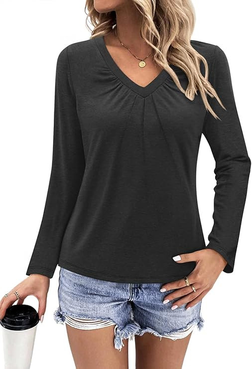 Womens Long Sleeve T Shirts V Neck Ruched Tops Loose Fit Pleated Tee Dressy Casual Tunic Blouses ... | Amazon (US)