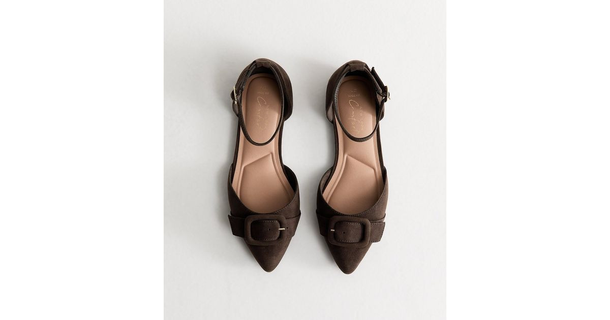 Women's Wide Fit Dark Brown Faux Suede Pointed Mary Jane Pumps Vegan New Look | New Look (UK)