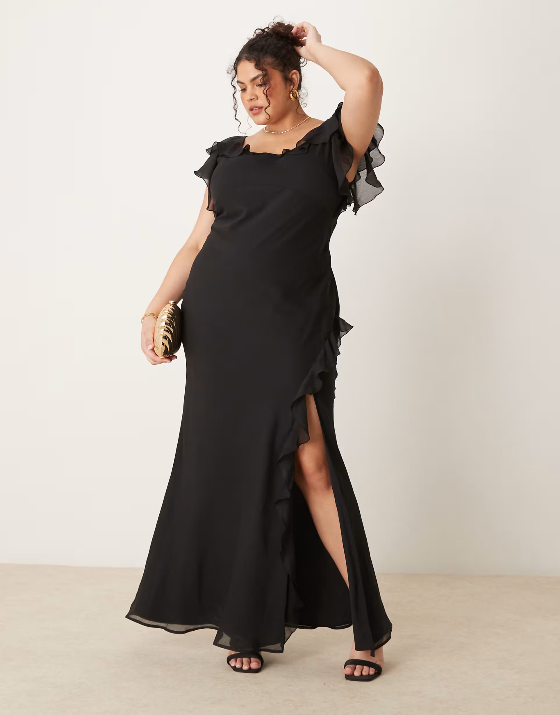 ASOS DESIGN Curve ruffle flutter sleeve maxi dress with side split in black | ASOS (Global)