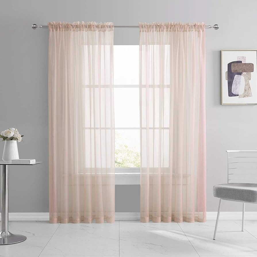KEQIAOSUOCAI Sheer Blush Pink Curtains 84 inch Length Rod Pocket Light Weight Voile Panels Sheers... | Amazon (US)