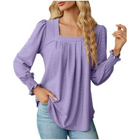 Summer Sets for Women Short Sleeve Square Neck Blouses & Shirts Sets Women s Summer Solid Lace Squar E Neck Bubble Short Sleeve Solid T-shirt Tops Spring Outfits for Women Purple s | Walmart (US)