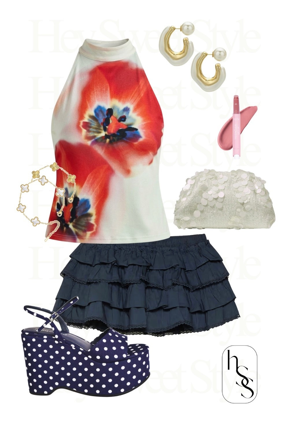 A bold floral top + navy ruffle skirt + polka dot platform wedges 🌺💙

#LTKootd