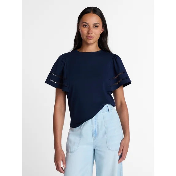 Time and Tru Women’s Crewneck Top with Lace Inset Flounce Sleeves, Sizes XS-XXXL | Walmart (US)