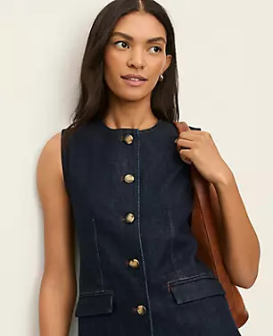 The Petite Long Crew Neck Vest in Denim | Ann Taylor