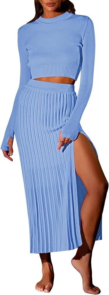 Pink Queen Women's 2 Piece Sweater Outfits Set Crop Top Long Sleeve Split Bodycon Pleated Midi Lo... | Amazon (US)