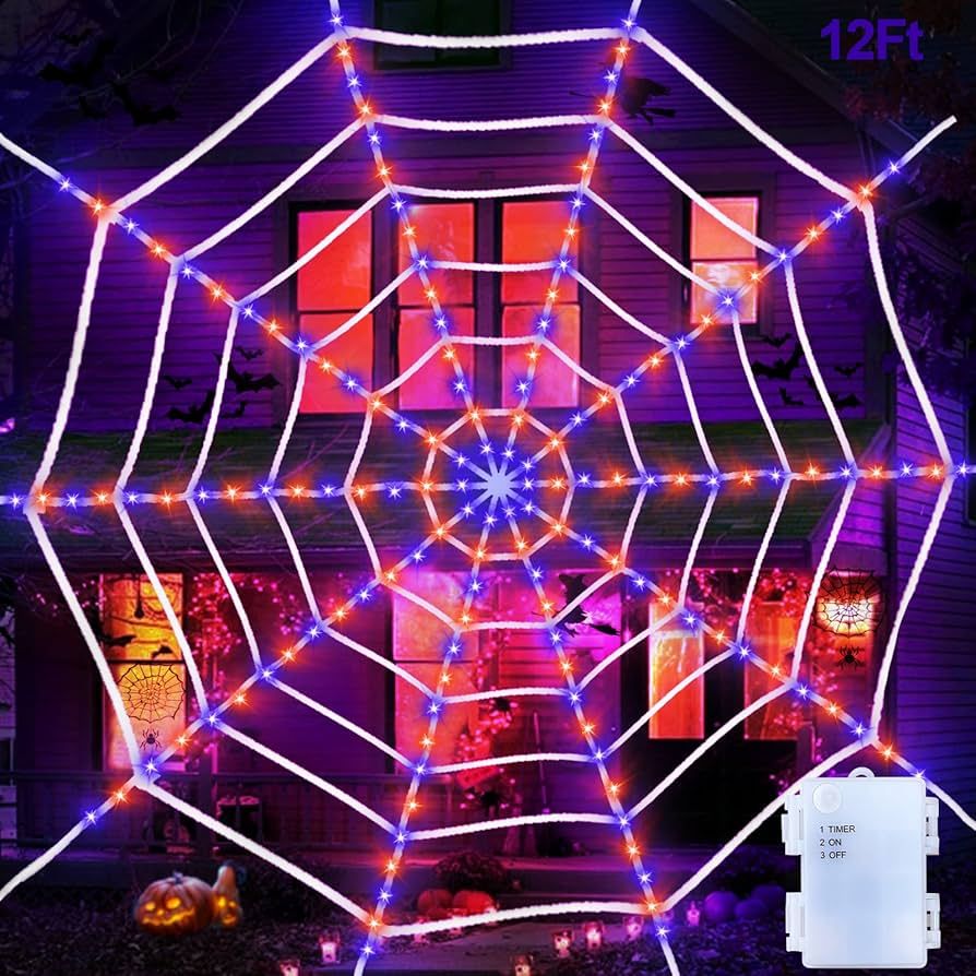 [ Prelit & Avoid Tangled Mess ] 12Ft 120LED Giant Halloween Spider Web Decor with Orange Purple N... | Amazon (US)