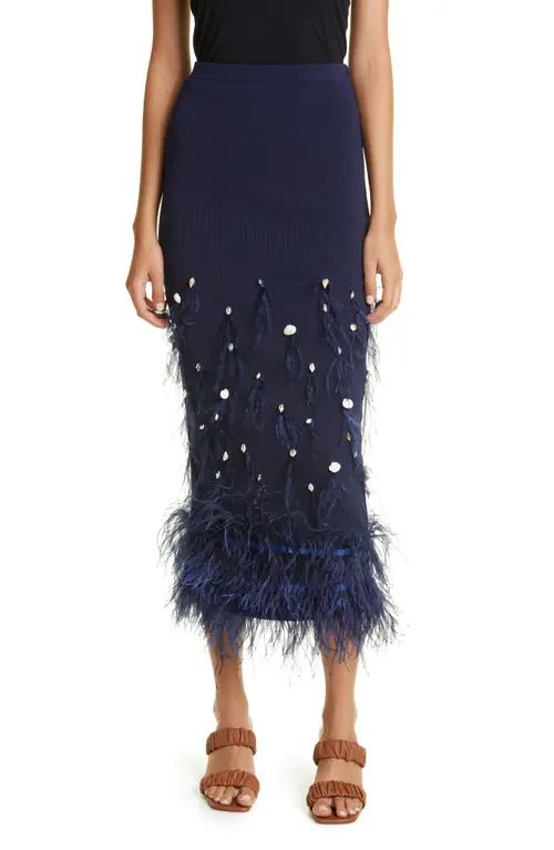 STAUD Makayla Shell & Ostrich Feather Skirt in Navy at Nordstrom, Size X-Small | Nordstrom