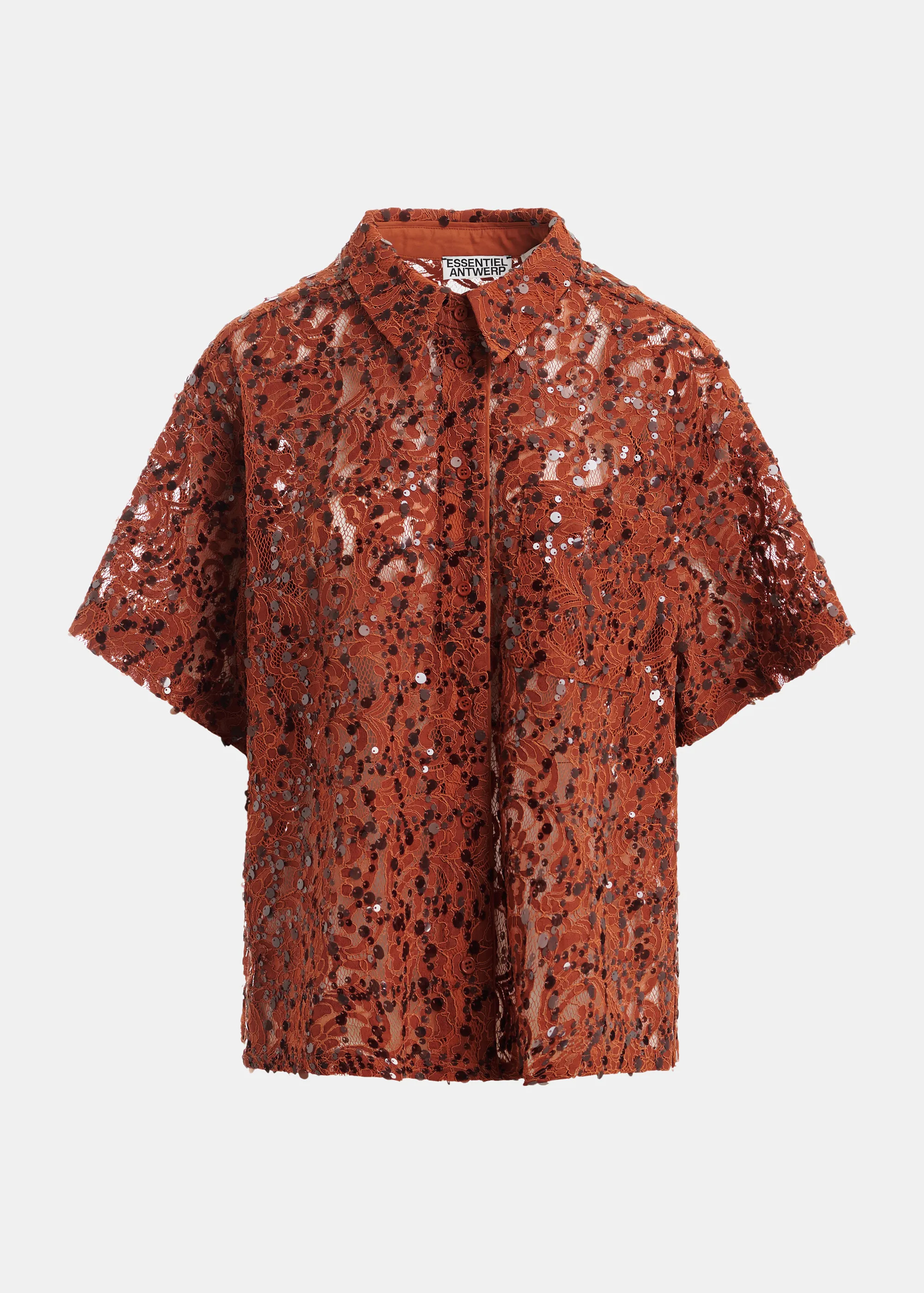 Rust sequin-embellished short-sleeve shirt | Essentiel Antwerp United Kingdom | Essentiel Antwerp