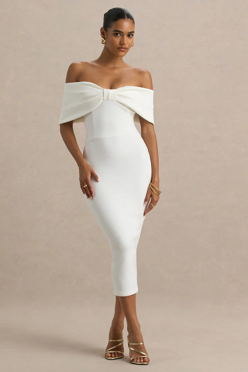 Bayshore  White Bow Bardot Midi Dress | Club L London