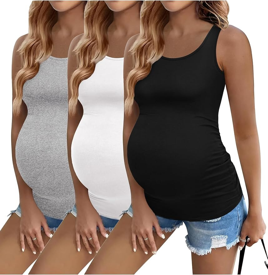 Ekouaer 3 Pack Women Maternity Tank Tops Ruch Side Basic Shirts Summer Postpartum Tops Sleeveless... | Amazon (US)