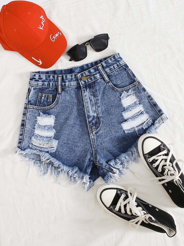 Raw Hem Ripped Denim Shorts | SHEIN