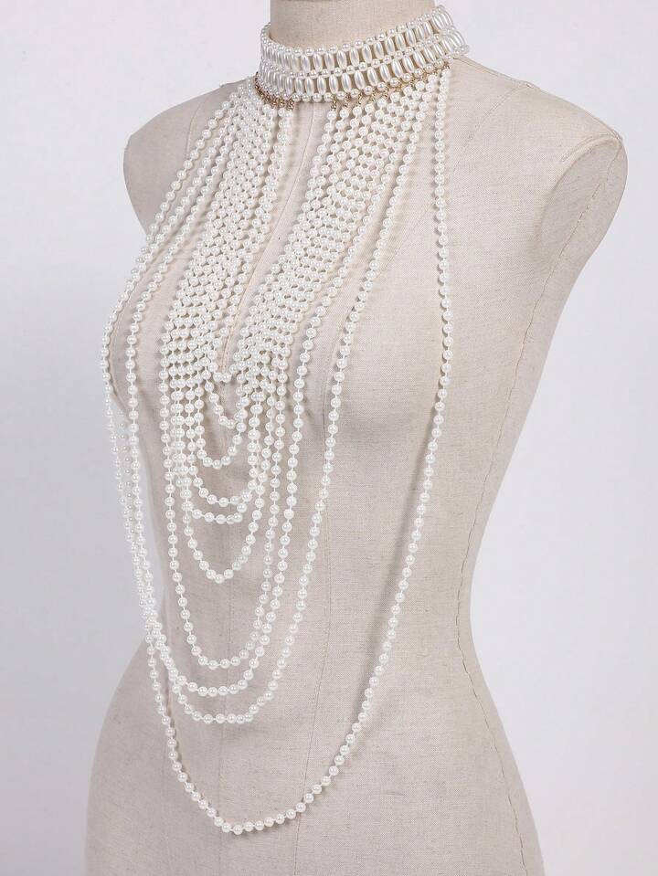 1pc French Style Luxurious & Sexy Long Pearl Necklace, Multi-Layer V-Neck Collarbone Chain,Sweate... | SHEIN