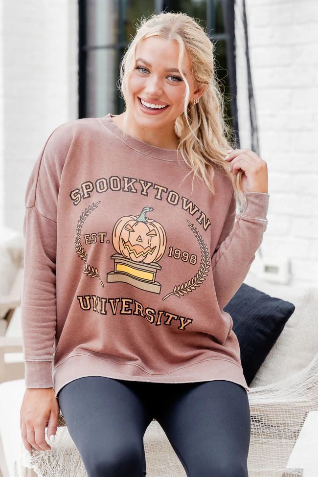 Spookytown Mocha Oversized Graphic Sweatshirt | Pink Lily