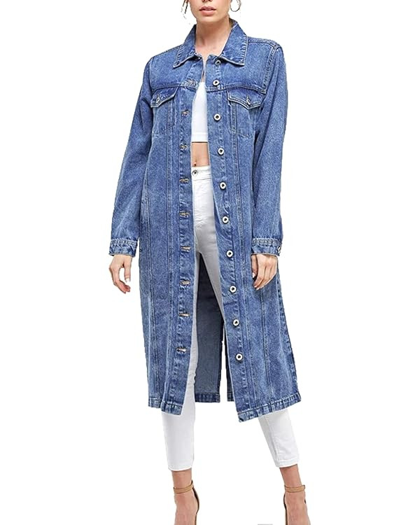 Women's Long Casual Maxi Length Denim Cotton Coat Oversize Button Up Jean Jacket | Amazon (US)
